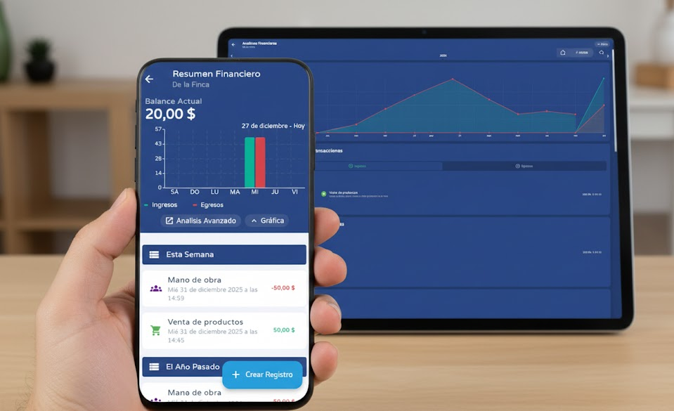Imagen de 2 dispositivos mostrando el sistema de gestión financiera de Mi Ganado, el mejor Software Ganadero y Sistema de Gestión Ganadera